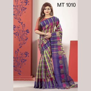 টাঙ্গাইল তাঁতের হাফ সিল্ক চাকা পাড় চেক শাড়ী ব্লাউজ পিছ সহ (MT-1010)