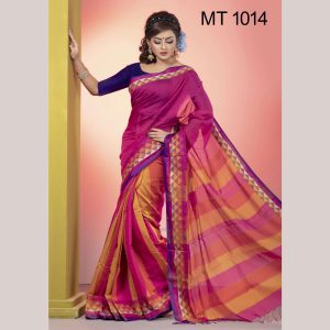 টাঙ্গাইল তাঁতের হাফ সিল্ক টেম্পল পাড় শাড়ী ব্লাউজ পিছ সহ (MT-1014)