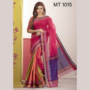 টাঙ্গাইল তাঁতের হাফ সিল্ক টেম্পল পাড় শাড়ী ব্লাউজ পিছ সহ (MT-1015)