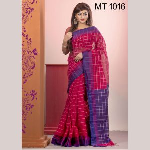 টাঙ্গাইল তাঁতের হাফ সিল্ক ফুল পাড় চেক শাড়ী ব্লাউজ পিছ সহ (MT-1016)