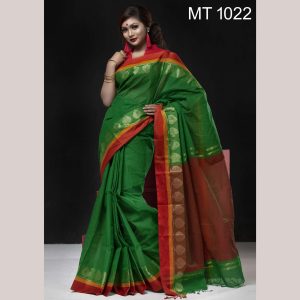 টাঙ্গাইল তাঁতের হাফ সিল্ক পান পাড় শাড়ী ব্লাউজ পিছ সহ (MT-1022)