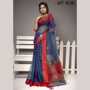 টাঙ্গাইল তাঁতের হাফ সিল্ক ফিতা পাড় শাড়ী ব্লাউজ পিছ সহ (MT-1036)