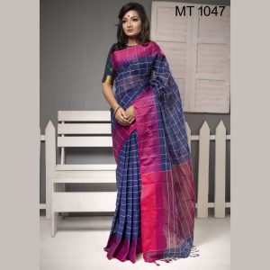টাঙ্গাইল তাঁতের সুতি ফুল পাড় চেক শাড়ী ব্লাউজ পিছ সহ (MT-1047)