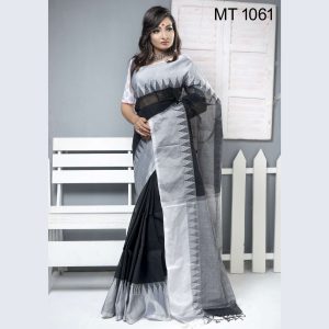 টাঙ্গাইল তাঁতের হাফ সিল্ক টেম্পল পাড় শাড়ী ব্লাউজ পিছ সহ (MT-1061)