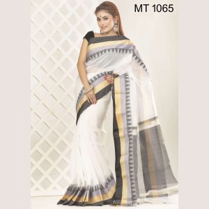 টাঙ্গাইল তাঁতের হাফ সিল্ক টেম্পল পাড় শাড়ী ব্লাউজ পিছ সহ (MT-1065)