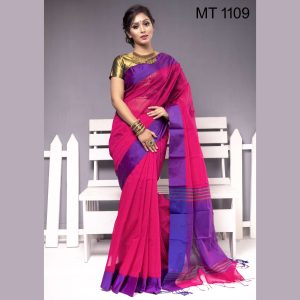 টাঙ্গাইল তাঁতের হাফ সিল্ক ফিতা পাড় শাড়ী ব্লাউজ পিছ সহ (MT-1109)