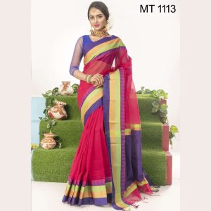 টাঙ্গাইল তাঁতের হাফ সিল্ক টেম্পল পাড় শাড়ী ব্লাউজ পিছ সহ (MT-1113)