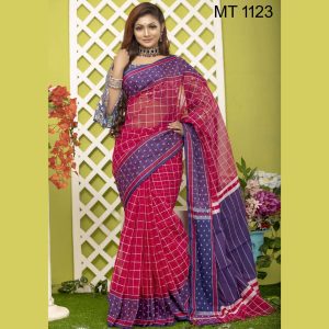টাঙ্গাইল তাঁতের হাফ সিল্ক বুটি পাড় চেক শাড়ী ব্লাউজ পিছ সহ (MT-1123)