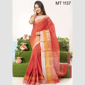 টাঙ্গাইল তাঁতের সুতি বড় টেম্পল পাড় শাড়ী ব্লাউজ পিছ সহ (MT-1137)