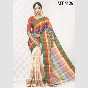 টাঙ্গাইল তাঁতের সুতি ডিজাইনার ব্লক প্রিন্ট শাড়ী ব্লাউজ পিছ সহ (MT-1139)