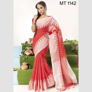 টাঙ্গাইল তাঁতের হাফ সিল্ক টেম্পল পাড় শাড়ী ব্লাউজ পিছ সহ (MT-1142)