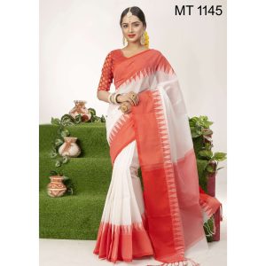 টাঙ্গাইল তাঁতের হাফ সিল্ক টেম্পল পাড় শাড়ী ব্লাউজ পিছ সহ (MT-1145)