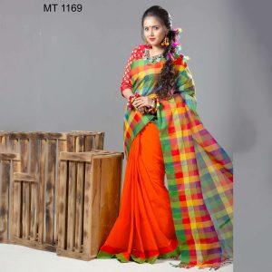 টাঙ্গাইল তাঁতের সুতি ডিজাইনার শাড়ী ব্লাউজ পিছ সহ(MT-1169)