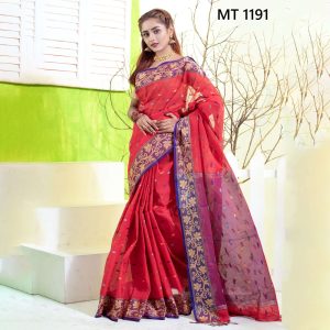 টাঙ্গাইল তাঁতের সুতি বড় লতা পাড় বুটি শাড়ী ব্লাউজ পিছ সহ (MT-1191)