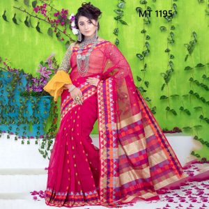 টাঙ্গাইল তাঁতের হাফ সিল্ক টেম্পল পাড় শাড়ী ব্লাউজ পিছ সহ (MT-1195)