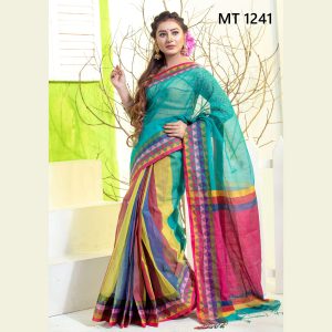 টাঙ্গাইল তাঁতের হাফ সিল্ক টেম্পল পাড় শাড়ী ব্লাউজ পিছ সহ (MT-1241)
