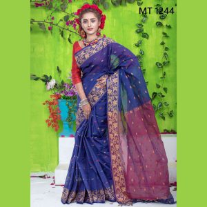 টাঙ্গাইল তাঁতের সুতি বড় লতা পাড় বুটি শাড়ী ব্লাউজ পিছ সহ (MT-1244)