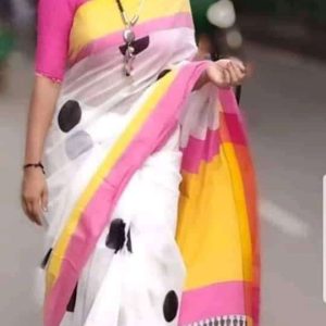 টাঙ্গাইল তাঁতের হাফ সিল্ক ব্লক প্রিন্ট শাড়ী ব্লাউজ পিছ সহ (MT-1279)