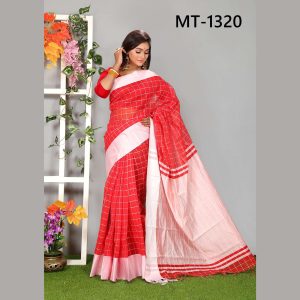টাঙ্গাইল তাঁতের হাফ সিল্ক ছোট বড় পাড় চেক শাড়ী ব্লাউজ পিছ সহ (MT-1320)