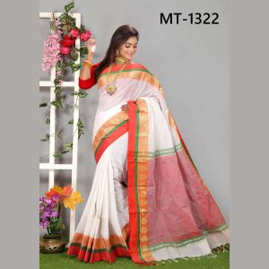 টাঙ্গাইল তাঁতের হাফ সিল্ক পান পাড় শাড়ী ব্লাউজ পিছ সহ (MT-1322)