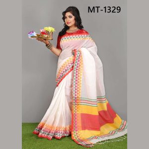 টাঙ্গাইল তাঁতের হাফ সিল্ক টেম্পল পাড় শাড়ী ব্লাউজ পিছ সহ (MT-1329)