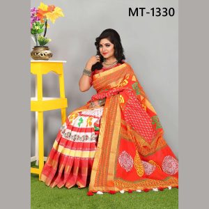 টাঙ্গাইল তাঁতের কটন ব্লক প্রিন্ট শাড়ী রানিং ব্লাউজ পিছ সহ (MT-1330)