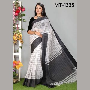 টাঙ্গাইল তাঁতের হাফ সিল্ক ভেলভেট পাড় চেক শাড়ী ব্লাউজ পিছ সহ (MT-1335)