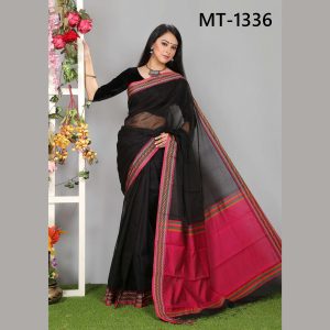 টাঙ্গাইল তাঁতের হাফ সিল্ক রুহিতন পাড় শাড়ী ব্লাউজ পিছ সহ (MT-1336)