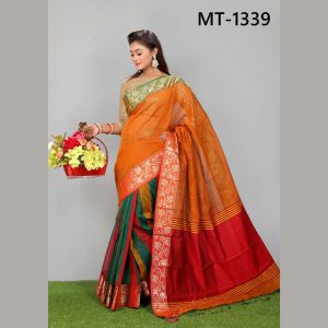 টাঙ্গাইল তাঁতের হাফ সিল্ক বড় লতা পাড় শাড়ী ব্লাউজ পিছ সহ (MT-1339)