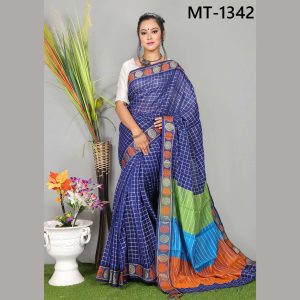 টাঙ্গাইল তাঁতের সফ্ট হাফ সিল্ক চাকা পাড় চেক শাড়ী ব্লাউজ পিছ সহ (MT-1342)