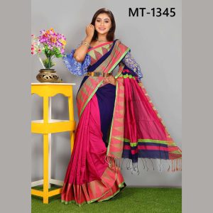 টাঙ্গাইল তাঁতের সফ্ট হাফ সিল্ক টেম্পল পাড় শাড়ী ব্লাউজ পিছ সহ (MT-1345)