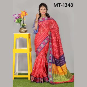 টাঙ্গাইল তাঁতের সফ্ট হাফ সিল্ক চাকা পাড় চেক শাড়ী ব্লাউজ পিছ সহ (MT-1348)