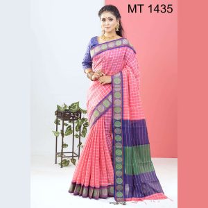 টাঙ্গাইল তাঁতের সফ্ট হাফ সিল্ক চাকা পাড় চেক শাড়ী ব্লাউজ পিছ সহ (MT-1435)