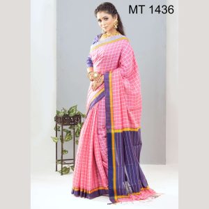 টাঙ্গাইল তাঁতের সফ্ট হাফ সিল্ক চেক শাড়ী ব্লাউজ পিছ সহ (MT-1436)