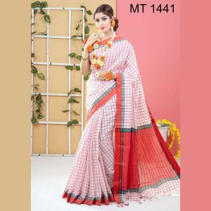 টাঙ্গাইল তাঁতের সফ্ট হাফ সিল্ক চেক শাড়ী ব্লাউজ পিছ সহ (MT-1441)
