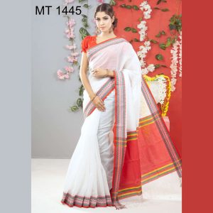 টাঙ্গাইল তাঁতের হাফ সিল্ক রুহিতন পাড় শাড়ী ব্লাউজ পিছ সহ (MT-1445)