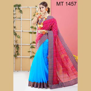 টাঙ্গাইল তাঁতের হাফ সিল্ক ডিজাইনার শাড়ী ব্লাউজ পিছ সহ (MT-1457)