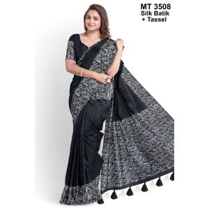 Silk Batik Saree with Tassle & Attached Blouse Piece (MT-3508)