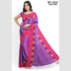 টাঙ্গাইল তাঁতের হাফসিল্ক চাকা পাড় শাড়ী ব্লাউজ পিছ সহ (MT-3534)