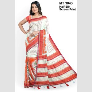 হাফসিল্ক ব্লক প্রিন্ট শাড়ী রানিং ব্লাউজ পিছ (MT-3843)