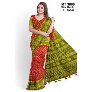 Silk Batik Saree with Tassle & Attached Blouse Piece (MT-3886)