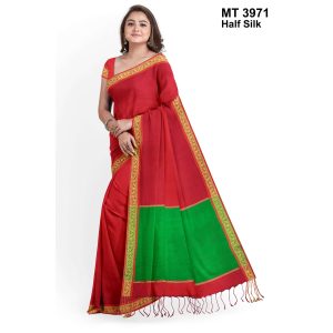 টাঙ্গাইল তাঁতের হাফসিল্ক গ্যাস পাড় শাড়ী ব্লাউজ পিছ সহ (MT-3971)