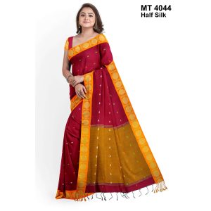 টাঙ্গাইল তাঁতের হাফসিল্ক বল পাড় বুটি শাড়ী ব্লাউজ পিছ সহ (MT-4044)