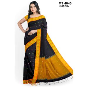 টাঙ্গাইল তাঁতের হাফসিল্ক বল পাড় বুটি শাড়ী ব্লাউজ পিছ সহ (MT-4045)