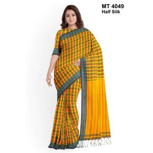 টাঙ্গাইল তাঁতের হাফসিল্ক গ্রামীন চেক শাড়ী ব্লাউজ পিছ সহ (MT-4049)