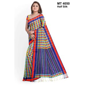 টাঙ্গাইল তাঁতের হাফসিল্ক গ্রামীন চেক শাড়ী ব্লাউজ পিছ সহ (MT-4050)