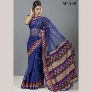 টাঙ্গাইল তাঁতের হাফ সিল্ক টেম্পল পাড় শাড়ী ব্লাউজ পিছ সহ (MT-959)