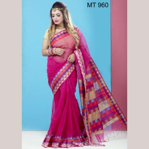 টাঙ্গাইল তাঁতের হাফ সিল্ক টেম্পল পাড় শাড়ী ব্লাউজ পিছ সহ (MT-960)