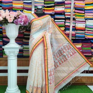 ব্লক ডিজাইনের সাদা কটন শাড়ী রানিং ব্লাউজ পিছ